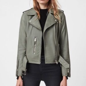 AllSaints Balfern Leather Biker Jacket Sage Green